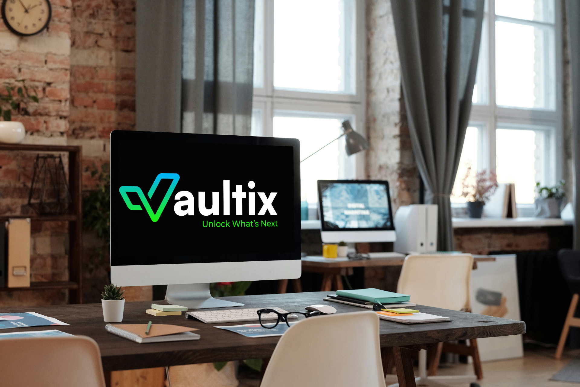 Vaultix brand identity displayed on a studio workspace desktop screen
