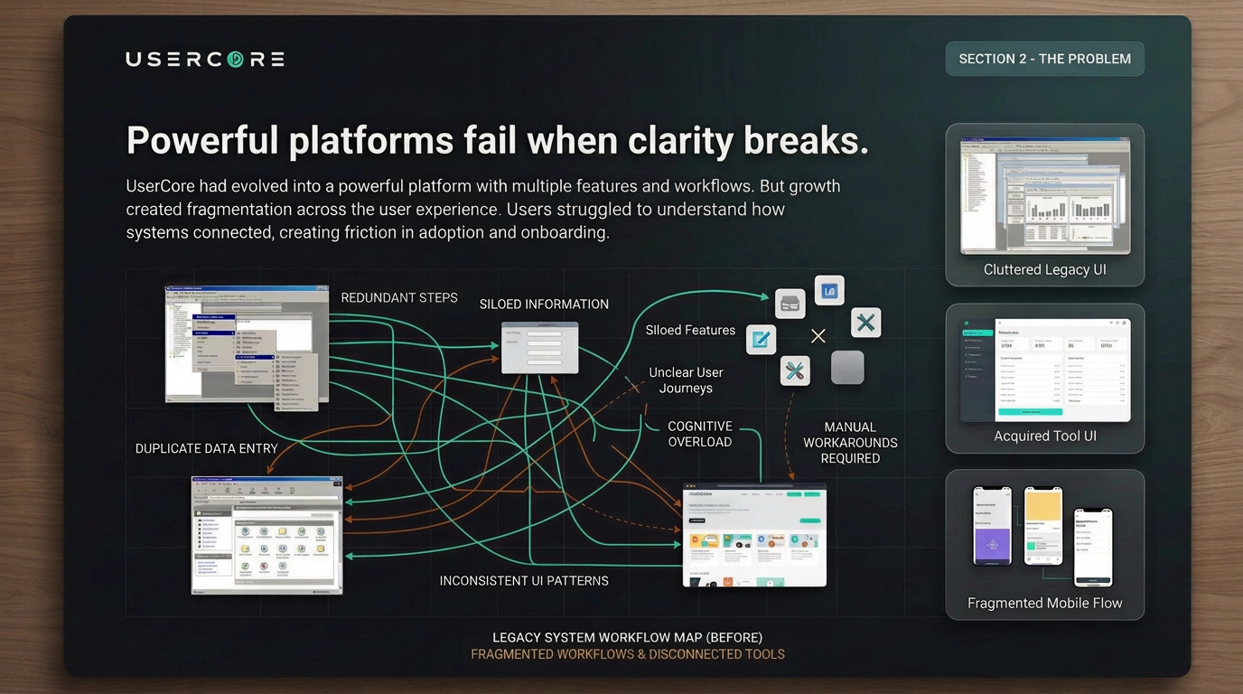 Legacy system workflow map, fragmented workflows and disconnected tools