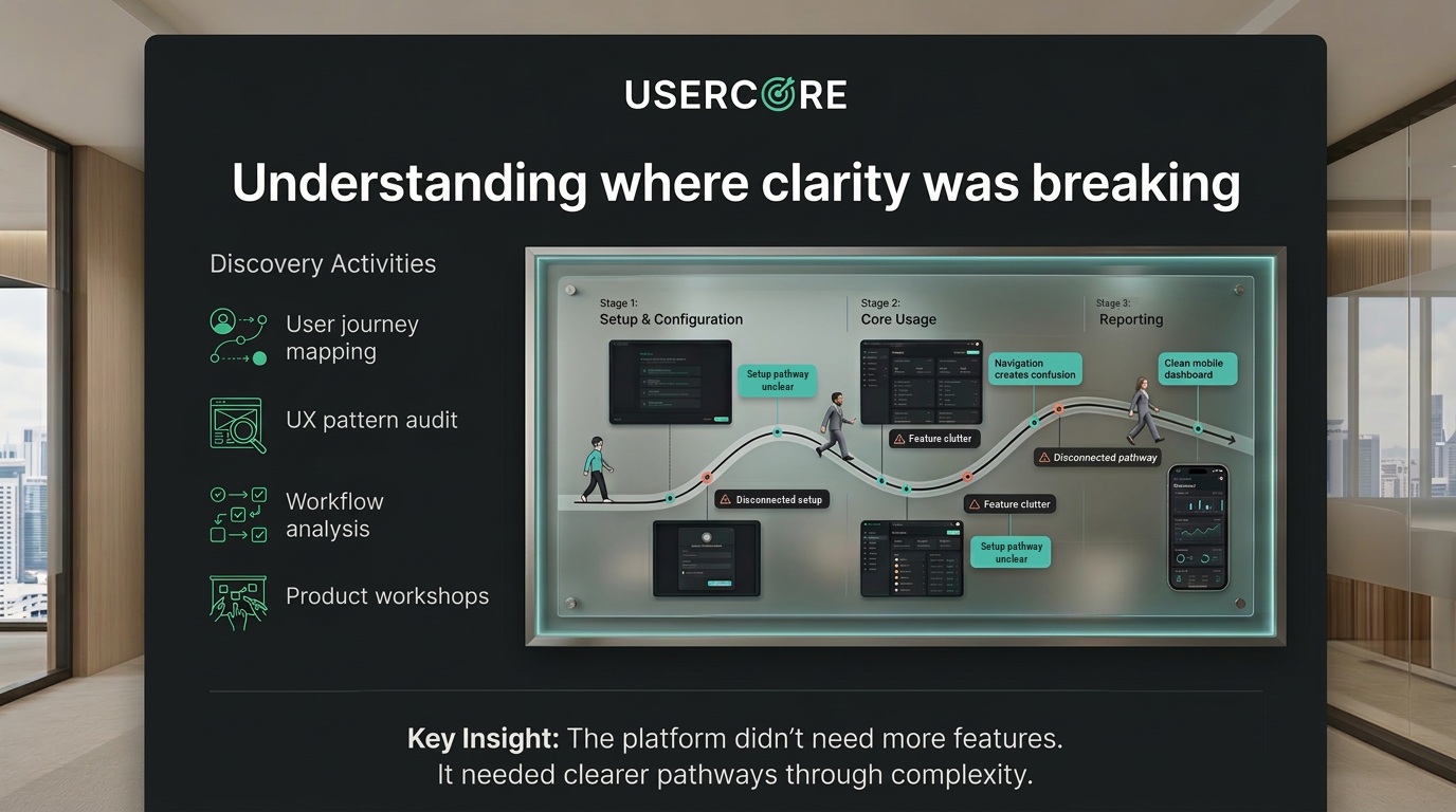 Discovery activities and user journey mapping across setup, core usage, and reporting