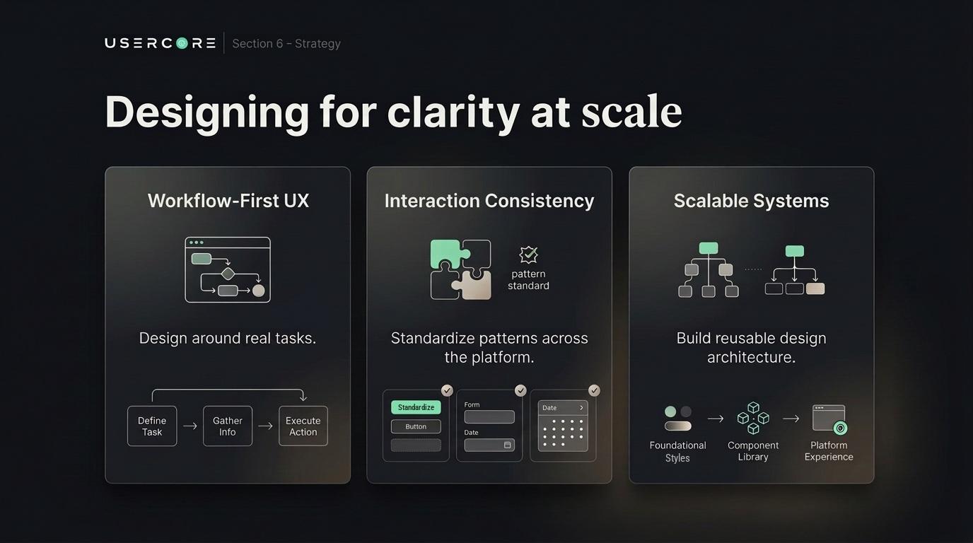 Strategy pillars, Workflow-First UX, Interaction Consistency, Scalable Systems