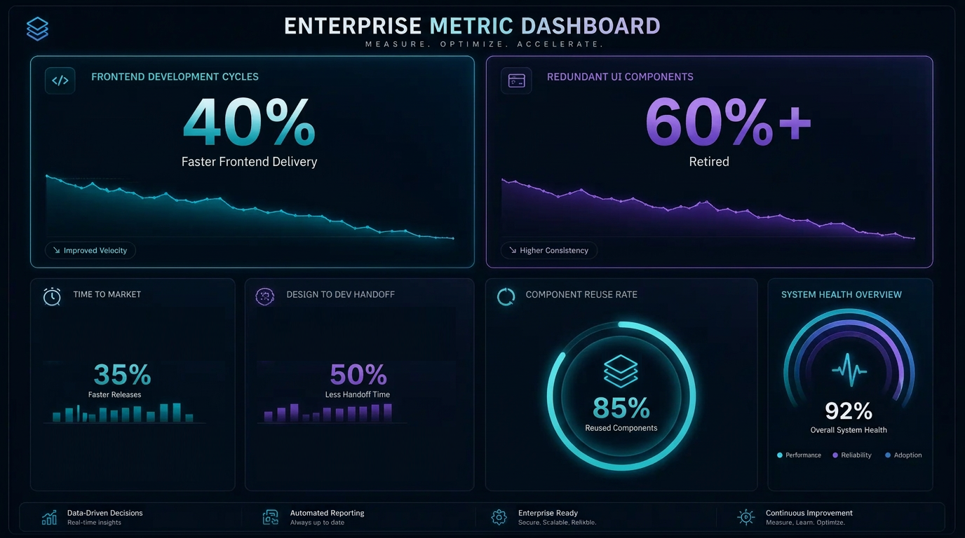 Enterprise metric dashboard showing 40 percent faster delivery and 60 percent reduction in inconsistent UI components