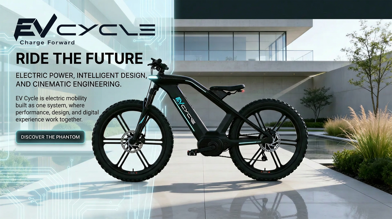 EV Cycle Phantom electric bike in matte black with cyan lighting accents, shown on the website hero