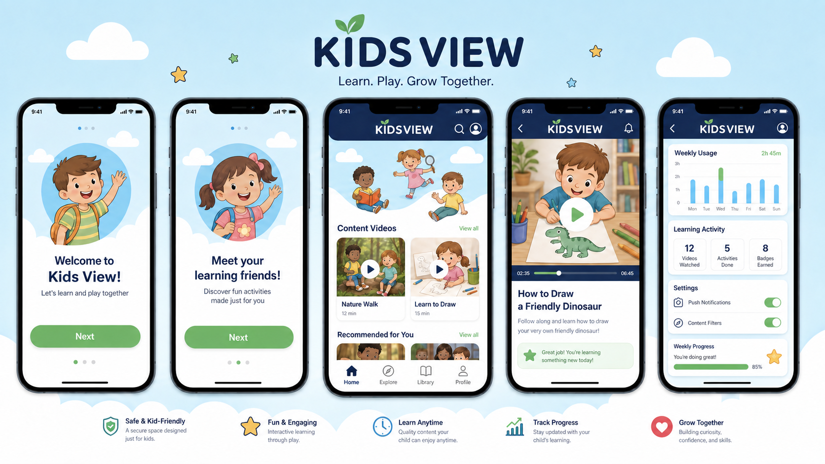 High-fidelity Kids View prototype screens across five phones