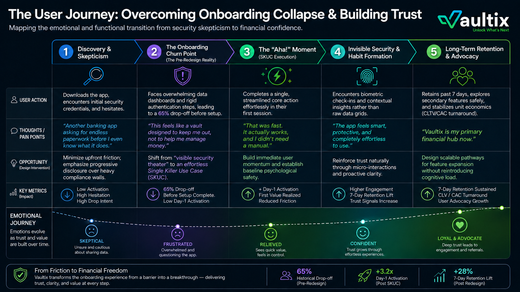 Vaultix user journey map from skepticism to advocacy across five phases