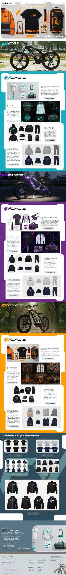 EV Cycle merchandise page showing Phantom, Apex, and Horizon gear collections