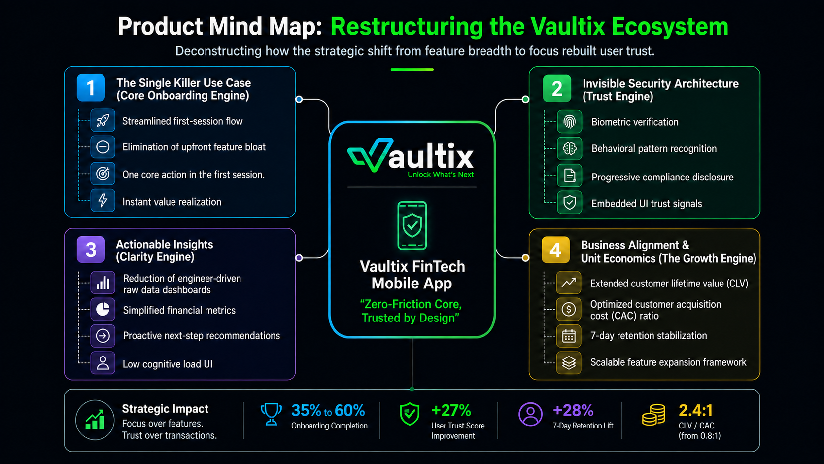 Vaultix product mind map showing four core ecosystem branches