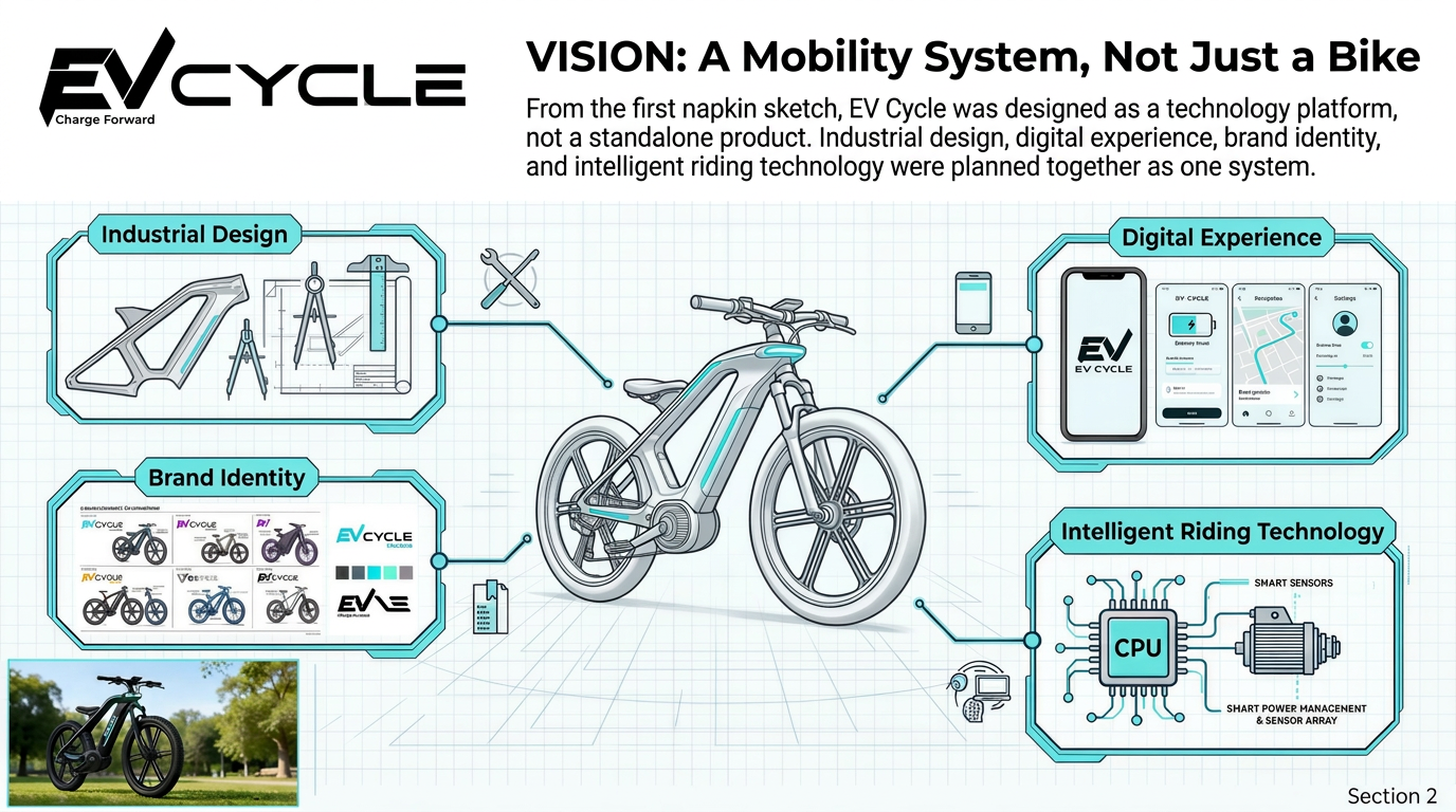 EV Cycle vision diagram showing industrial design, digital experience, brand identity, and intelligent riding technology as one system